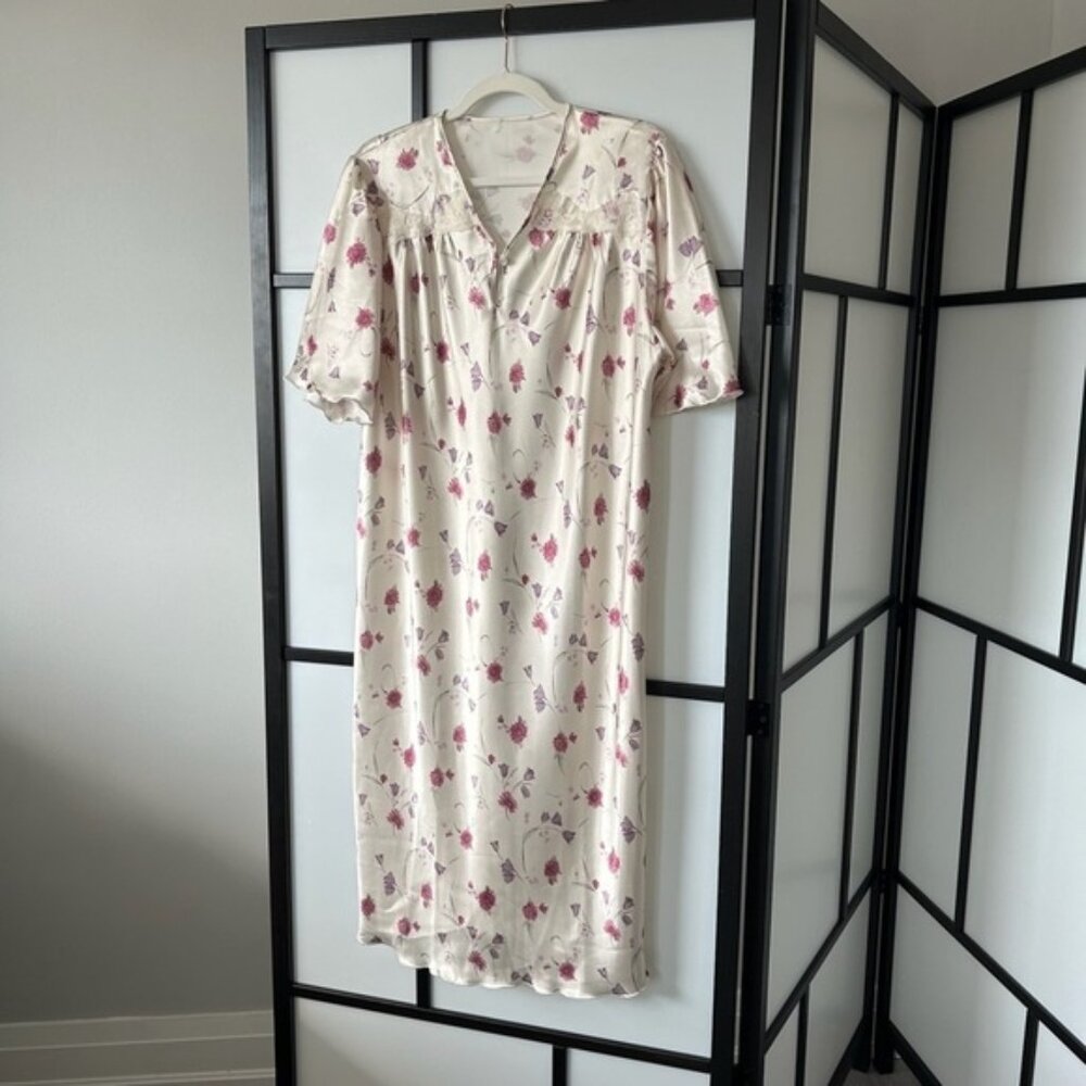 Vintage Womens Pink & Purple Floral Short Sleeve Maxi Dress  Nighty Gown